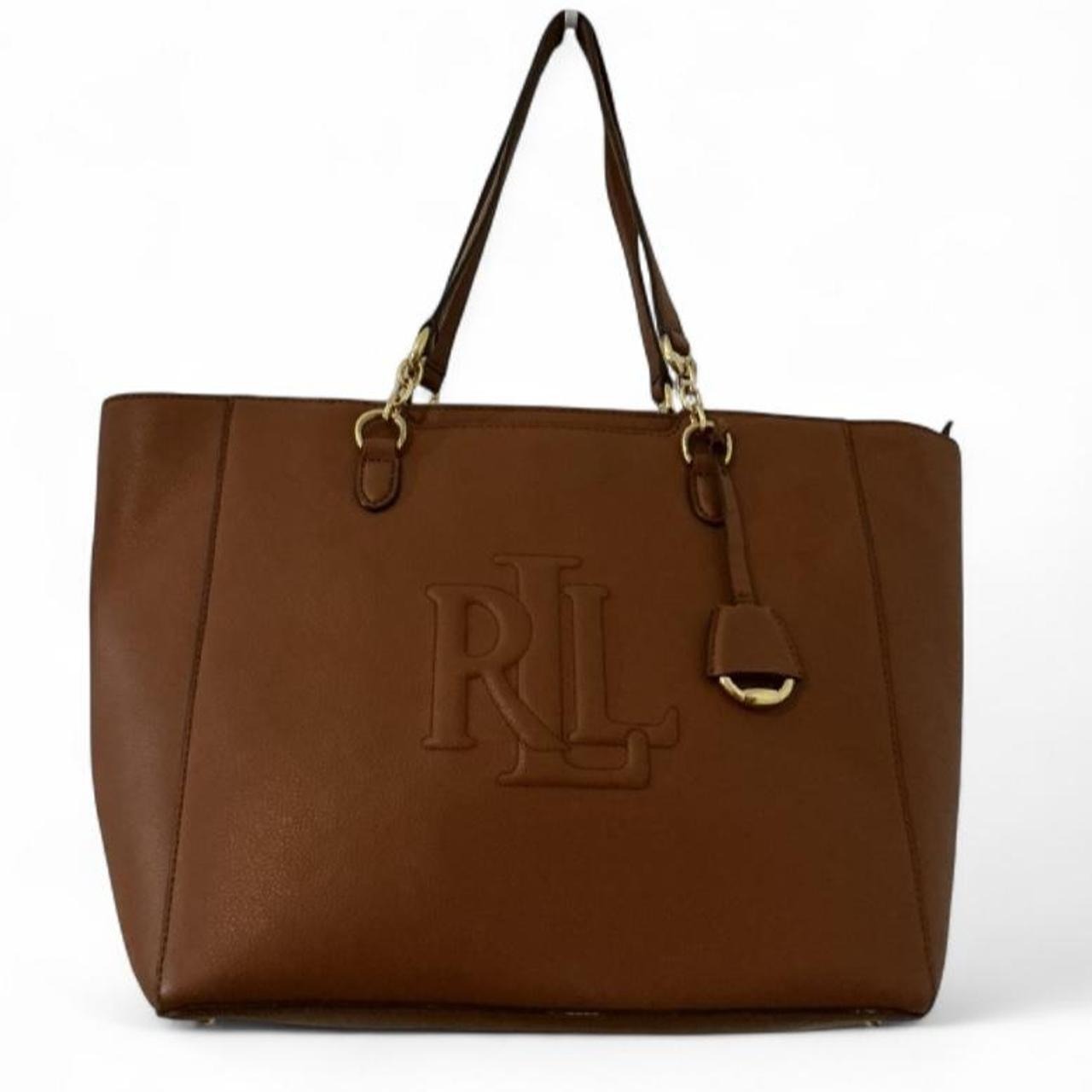Lauren Ralph Lauren Tote Bag Womens Large Brown Leather Good Debossed Logo Zip